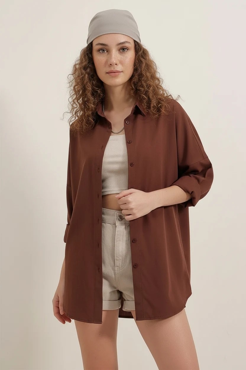 buğrahayalin Kadın Oversize Kesim Basic Pamuklu Kahverengi Gömlek görsel 2