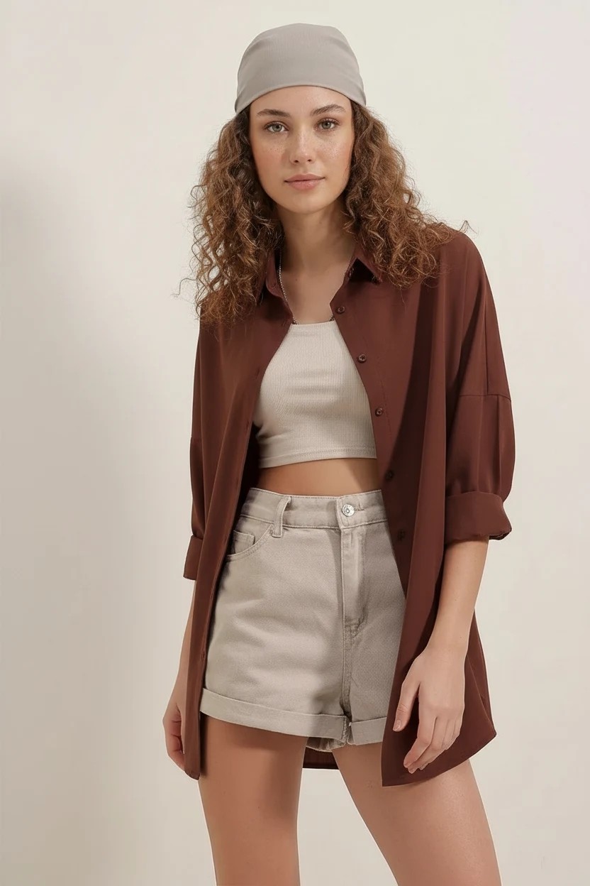 buğrahayalin Kadın Oversize Kesim Basic Pamuklu Kahverengi Gömlek görsel 5