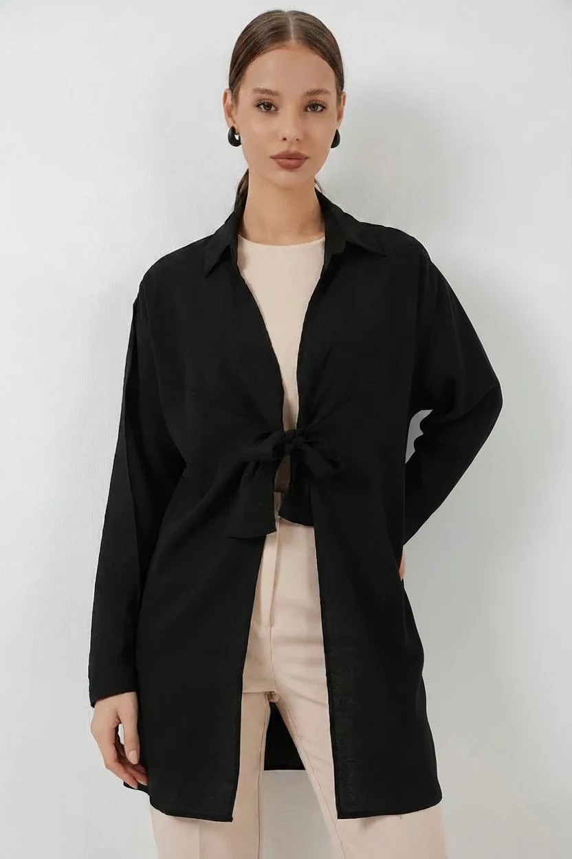 buğrahayalin Kadın Gömlek Yaka Bağcıklı Viskon Siyah Kimono görsel 8