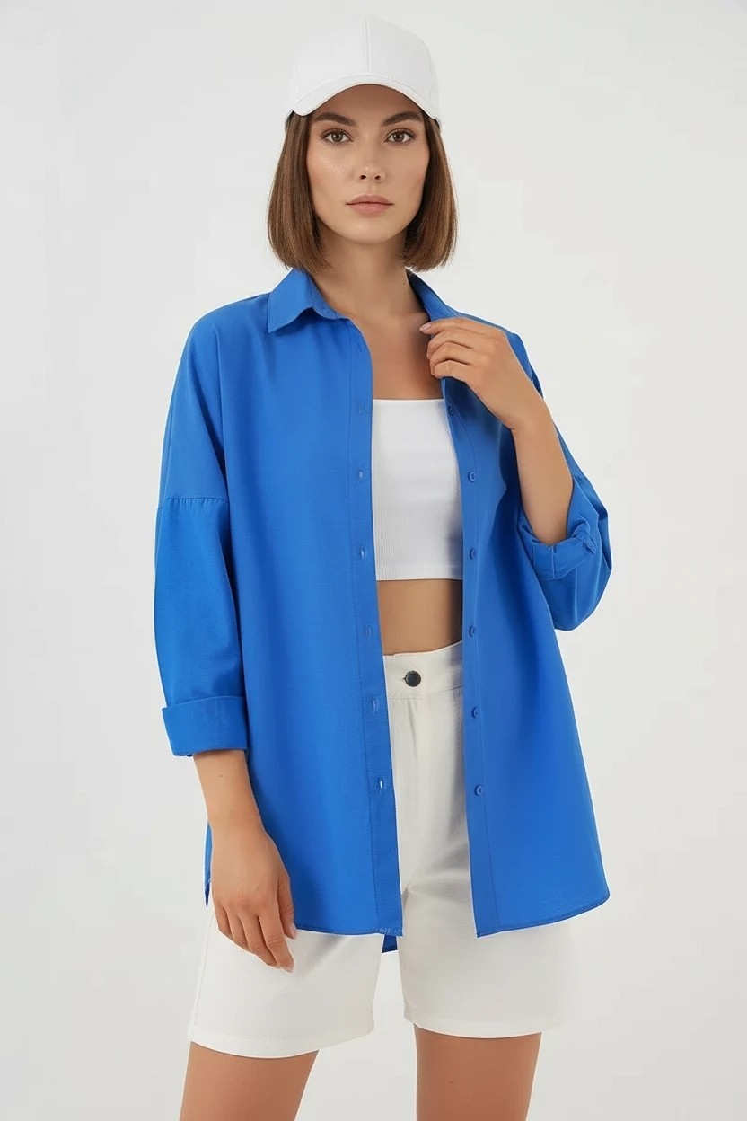 buğrahayalin Kadın Oversize Kesim Basic Pamuklu Kahverengi Gömlek