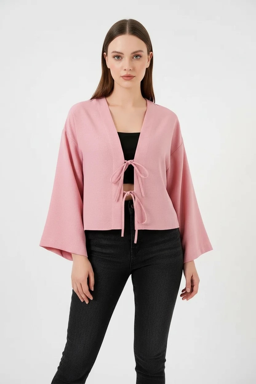 buğrahayalin Kadın V Yaka Önü Bağlamalı Keten Bordo Kimono
