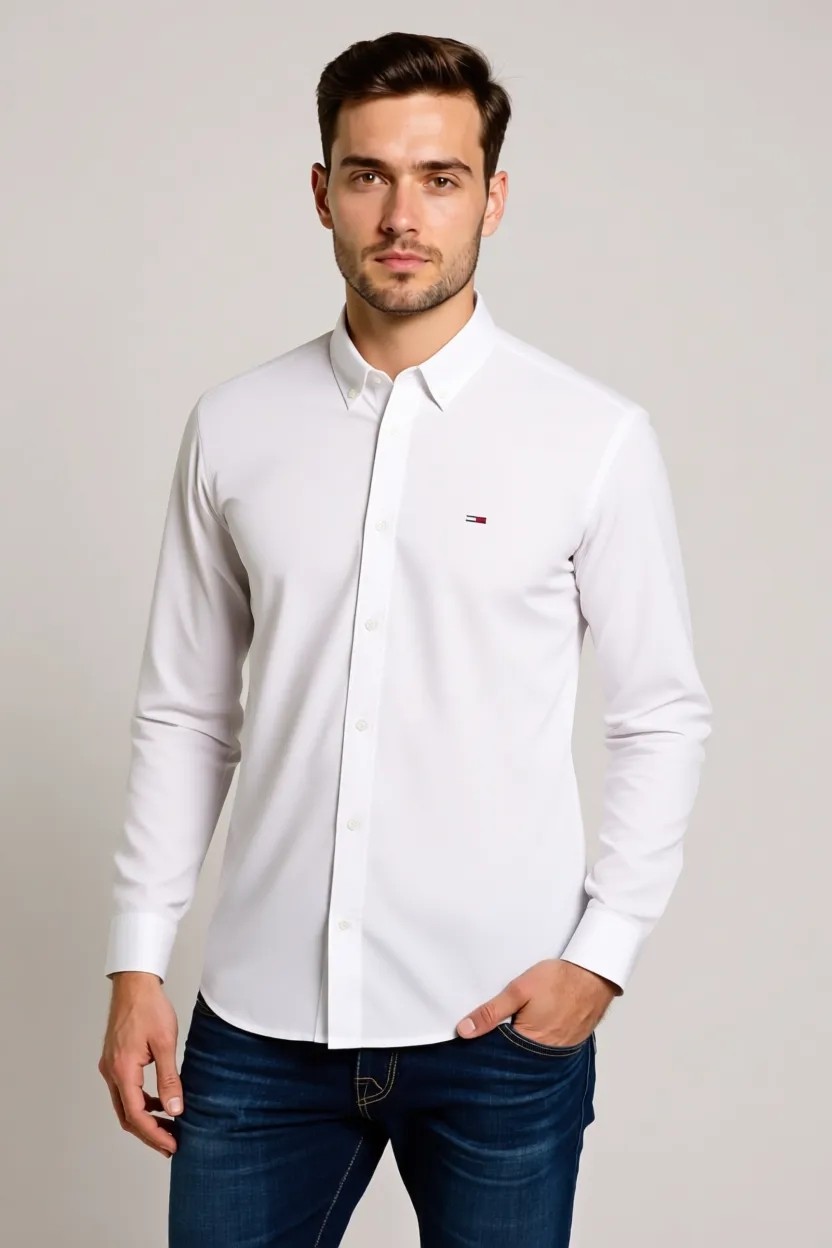 Tommy Hilfiger Erkek Beyaz Oxford Gömlek Uzun Kol Günlük Stil Regular Fit Kesim görsel 2