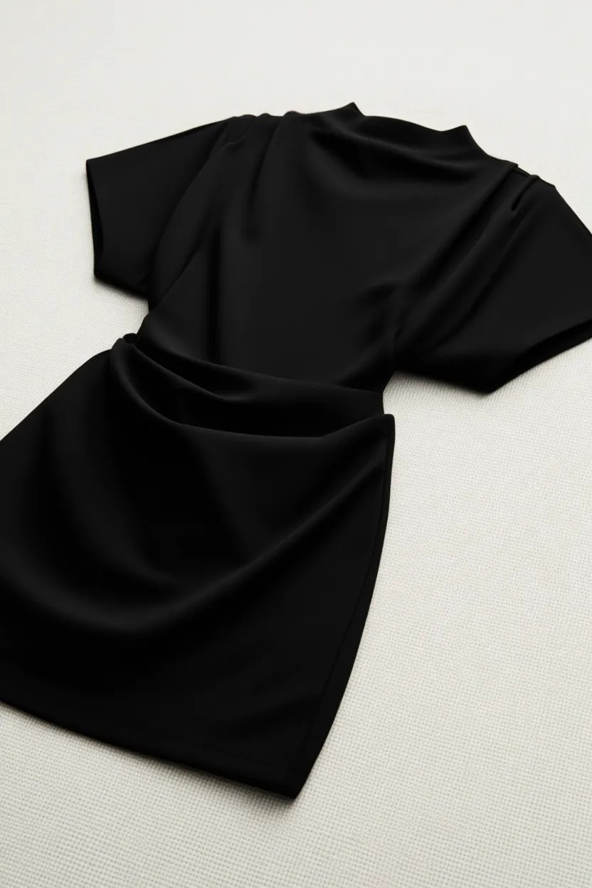 Grimelange MAXINE Kadın Drape Detaylı Omuzdan Geniş Belden Aşağı Oturan Esnek Krep Örme Kumaşlı Mini Siyah Elbi görsel 8