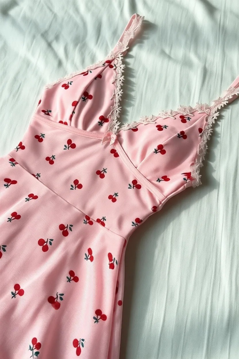 Bella Notte Romantik Pembe Kiraz Baskılı Askılı Tanga Ve Tül Gecelik görsel 6