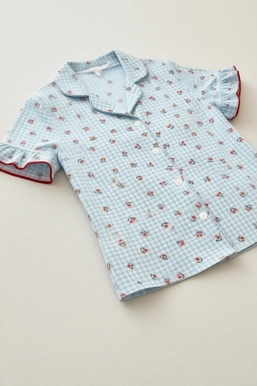 Bella Notte Mavi Soft Kiraz Desenli Kısa Kollu Yazlık Pijama Takımı görsel 7