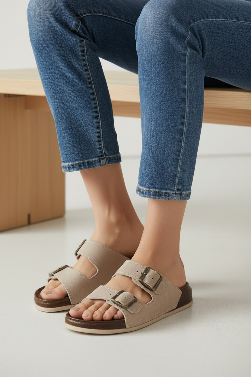 Adımist Unisex (Kadın- Erkek) Ortopedik Günlük Yumuşak Kaymaz Taban Deri Tokalı Ev Dışarı Terlik görsel 3