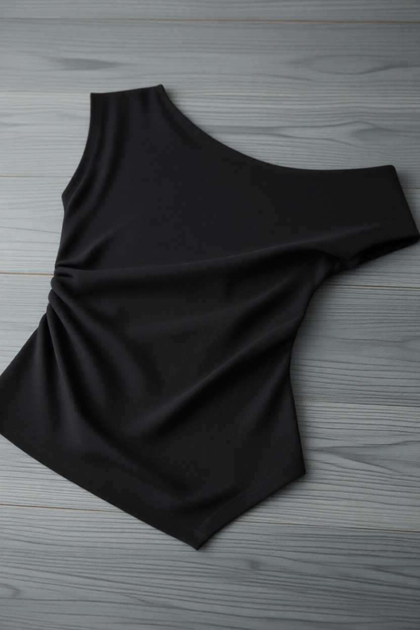 Grimelange Rehınga Kadın %100 Pamuk Asimetrik Yaka Regular Fit Kısa Kol Siyah Bluz görsel 7