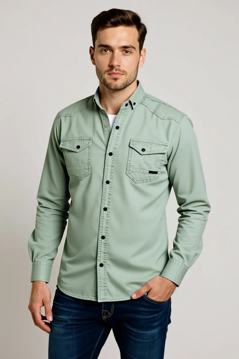 Bombe Slim Fit Erkek Kot Gömlek Su Yeşili görsel 7
