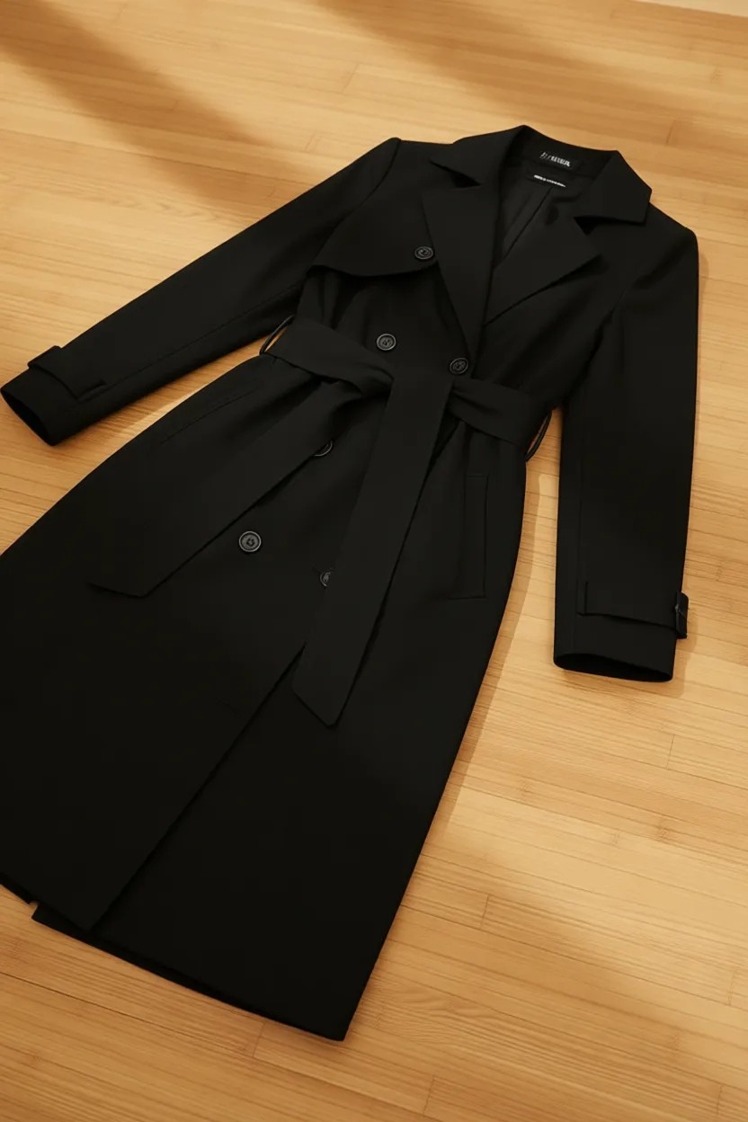 Select Moda Kadın Siyah Uzun Trençkot Kemerli Tasarım %65 Polyester %35 Cotton ile Şıklık