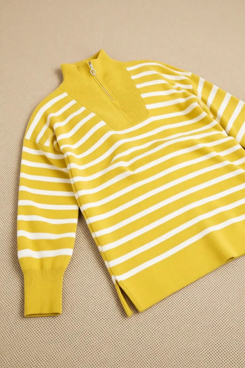 İmaj Butik Yağ Yeşili Çizgili Triko Kazak Yaka Fermuarlı Akrilik Kumaş ile Şık ve Rahat Kullanım görsel 8