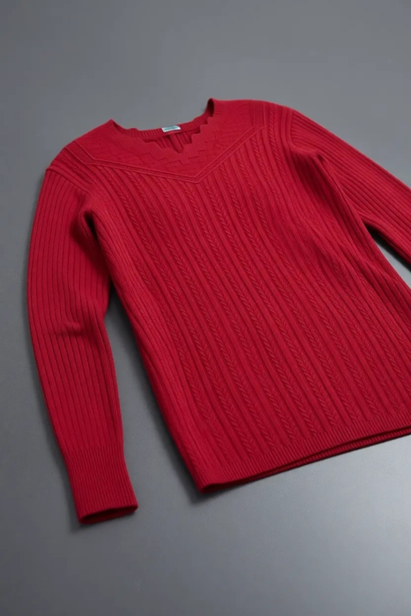 Fresh Moda Kadın Kırmızı Triko Esnek V Yaka Kışlık Anne Kazak görsel 8
