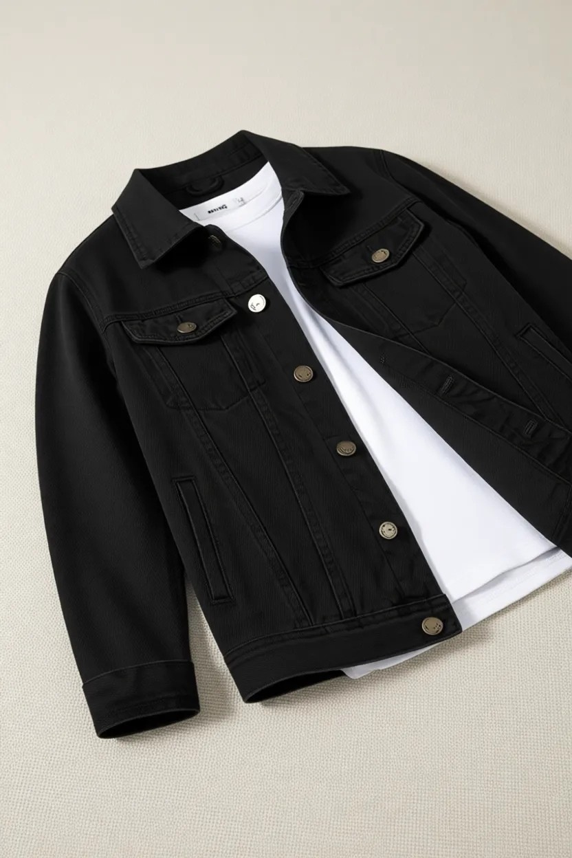 Edwox Erkek Slim Fit Denim Kot Ceket Siyah Gömlek Yaka Cepli Günlük Tarz 2XL görsel 4