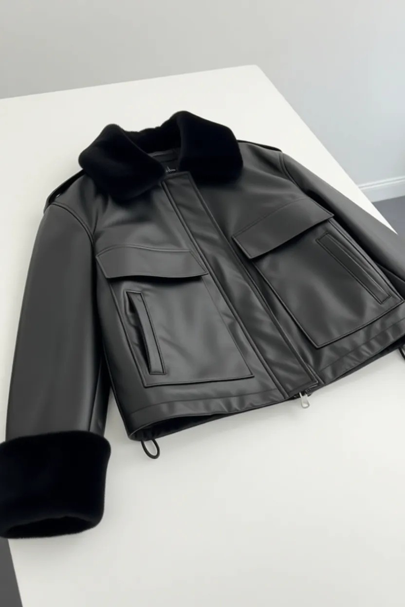 Vess Moda Içi Komple Ipek Kürklü Siyah Kadın Deri Mont Standart Kalıp S - M - L Bedenleri Için Uygundur görsel 6