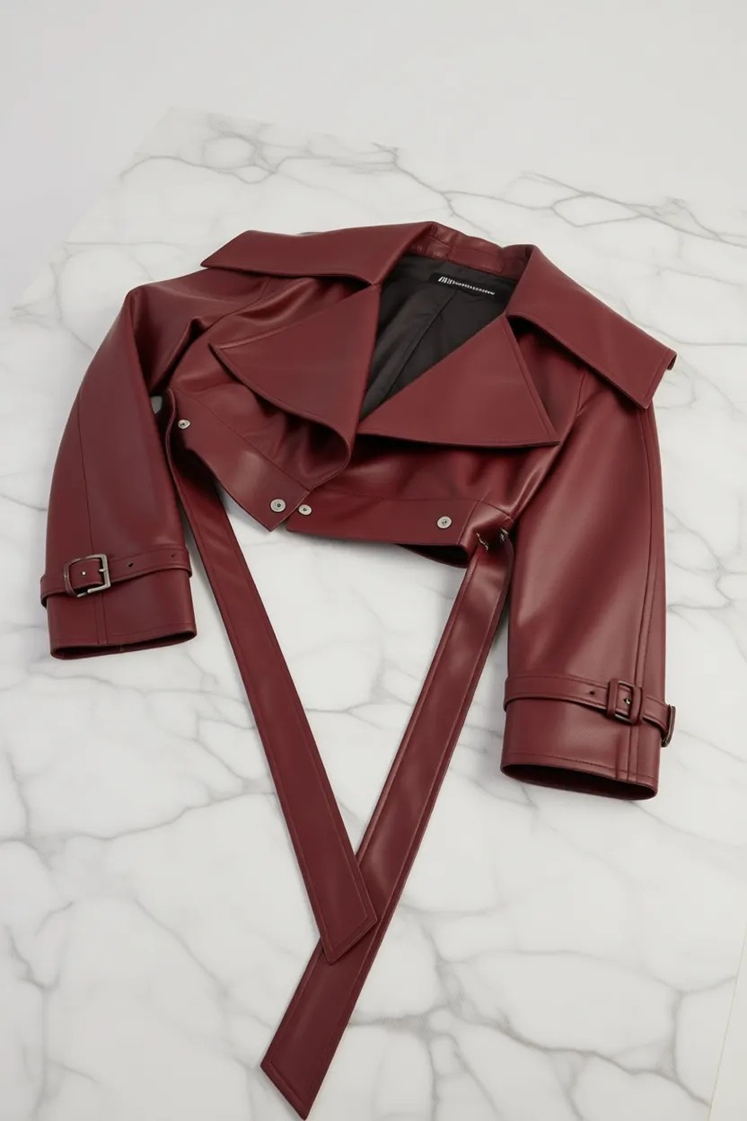 Holly Lolly Neeko Deri Kadın Ceket Bordo Crop Model Astarlı Kemerli Regular Kalıp Şıklığı görsel 8