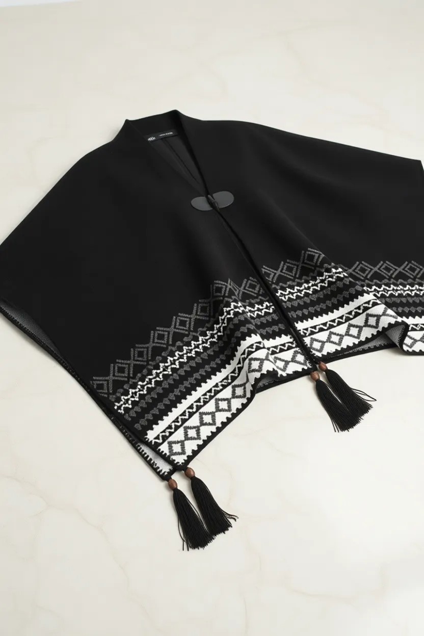 Wega Moda Vega Moda Etnik Desenli Panço, Balıkçı Dikişli Düğme Detaylı Panço, Dış Giyim Panço, Triko Örğü Şık Panço görsel 7