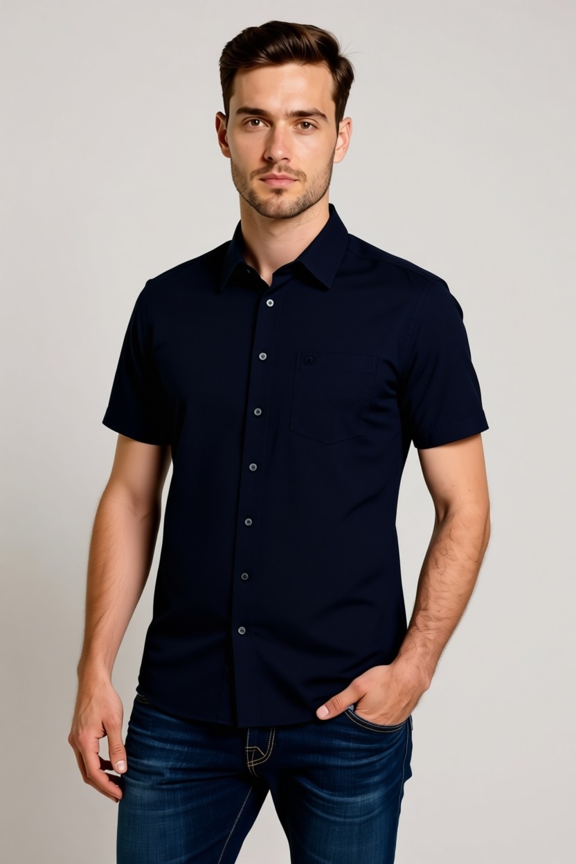 Pierre Cardin Erkek Lacivert Basic Regular Fit Kısa Kollu Cepli Gömlek 50307003-VR033 görsel 8