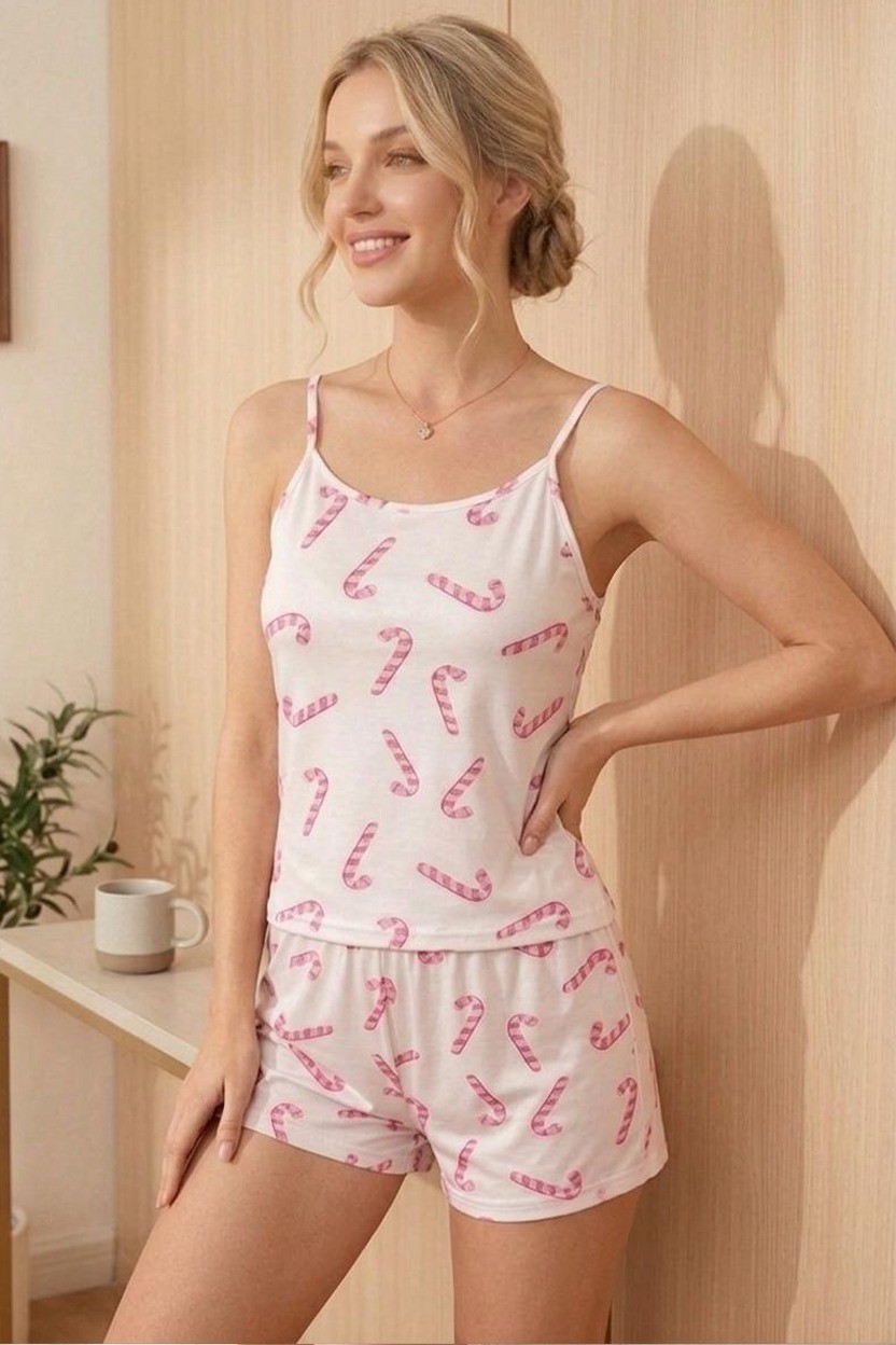 Fit Women Kadın Pembe Kalp Desenli Ip Askılı Şortlu Pijama Takımı 4614 Siyah görsel 3