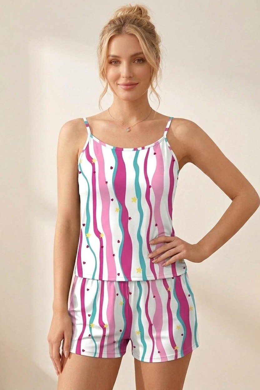 Fit Women Kadın Pembe Kalp Desenli Ip Askılı Şortlu Pijama Takımı 4614 Siyah görsel 7