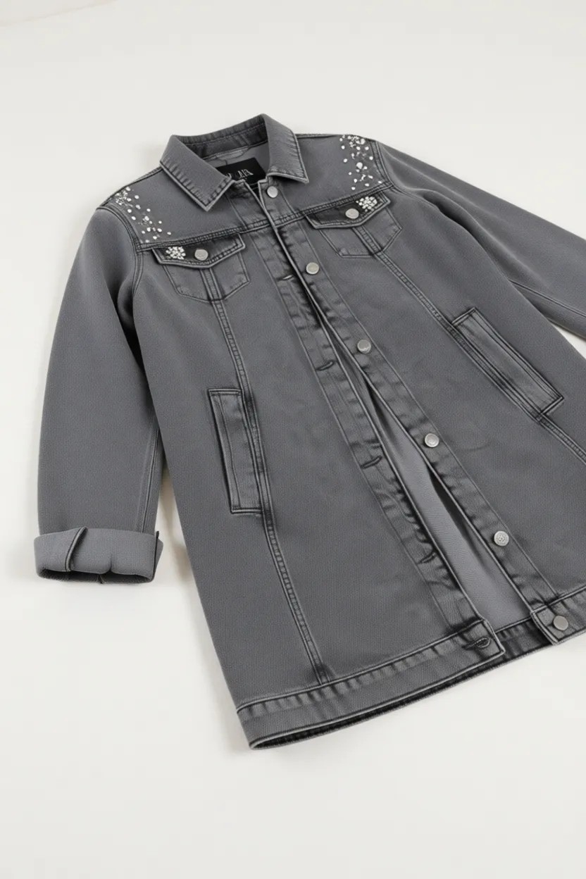 Harma Time Butik Kadın Denim Kot Ceket Boncuk Işlemeli Normal Yaka Günlük Kullanım İçin Siyah Renkli görsel 6