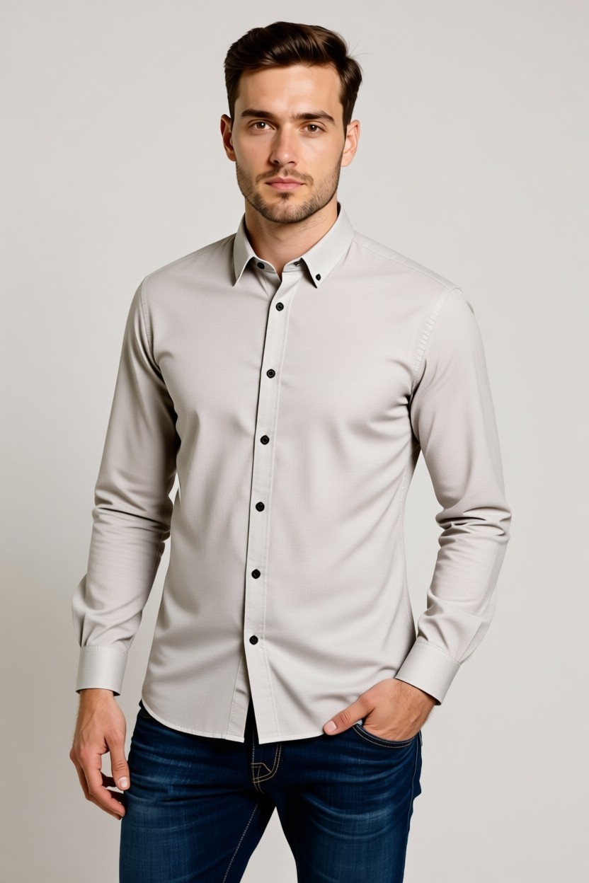 Etikmen Slimfit Erkek Gömlek Klasik Stil Sütlü Kahve Renk Cepsiz Tasarım görsel 8
