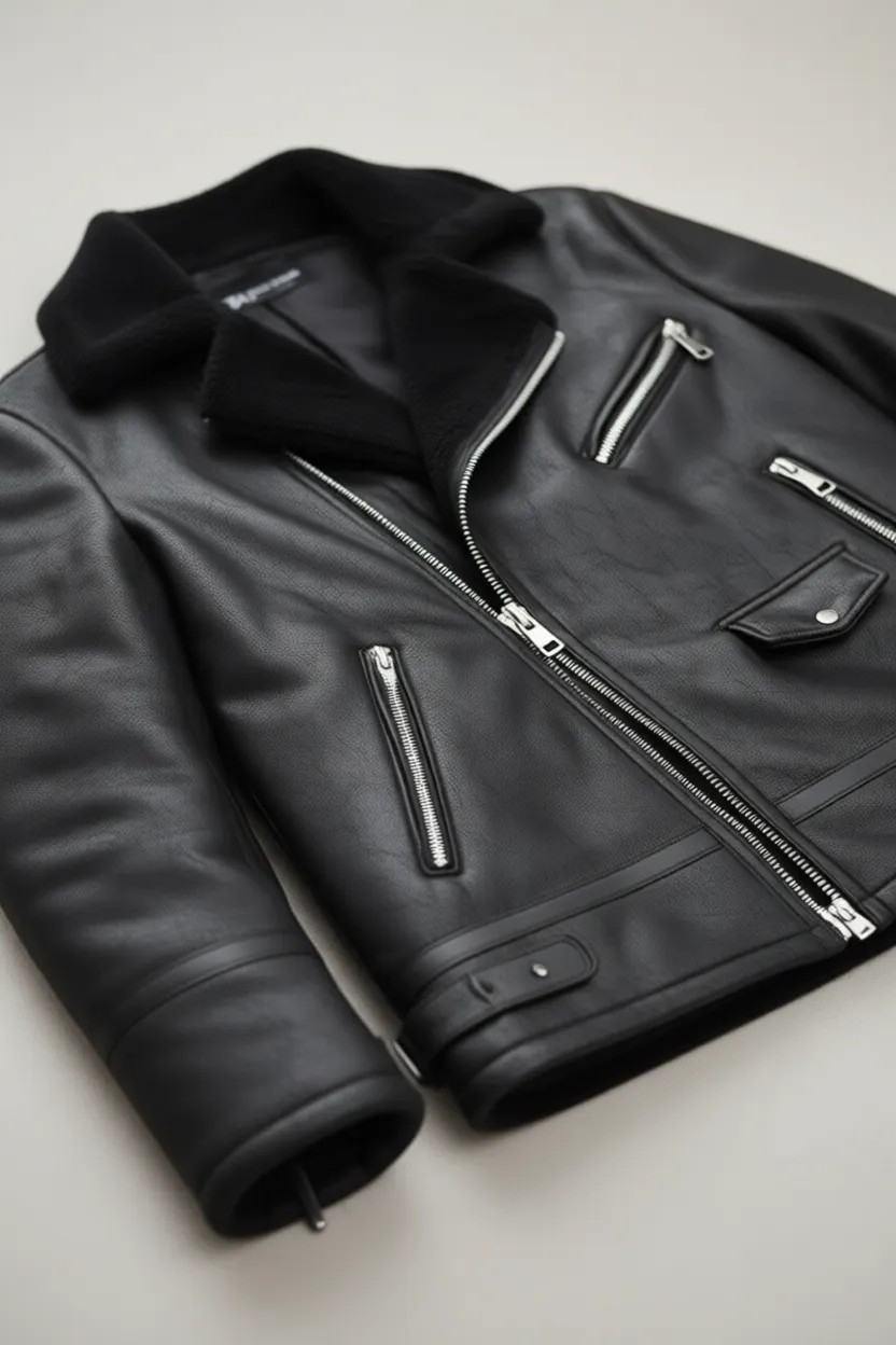 Baselco Erkek Biker Retro Içi Kürk Kaplı Napa Nubuk Deri Ceket görsel 4