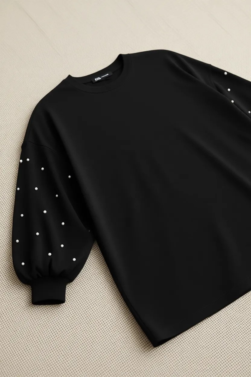 Curvy Trend Büyük Beden Curvy Trend Kolları İncili Uzun Kol Tunik Siyah Renk Düz Desen ile Rahat Günlük Stil görsel 5