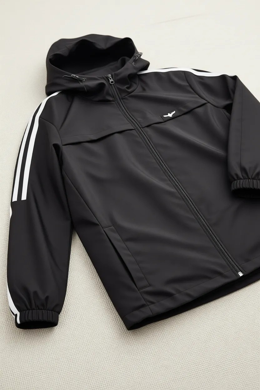 Level High Kadın Spor Yağmurluk Siyah, Kapüşonlu, Beyaz Şerit Detaylı, Hafif Rüzgarlık, Outdoor Mevsimlik görsel 8