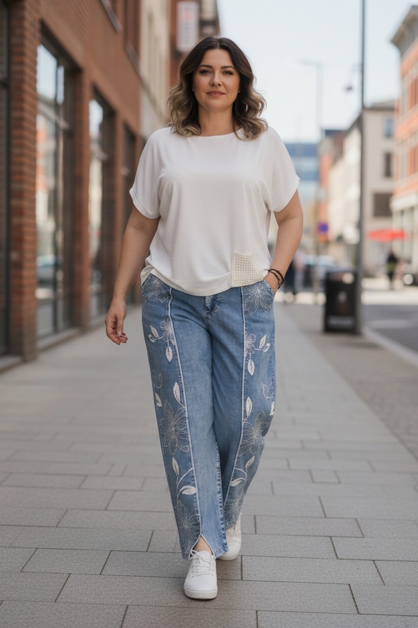 Zanessi Büyük Beden Çiçek Desenli Mom Kesim Bileği Yırtmaçlı Denim Kadın Pantolon görsel 4