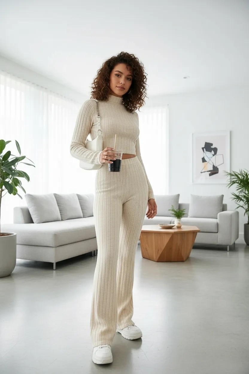 Nemere Kadın Ekru Fitilli Crop Uzun Kollu Üst Paça Pantolon Eşofman Takımı Şık 2’li Set