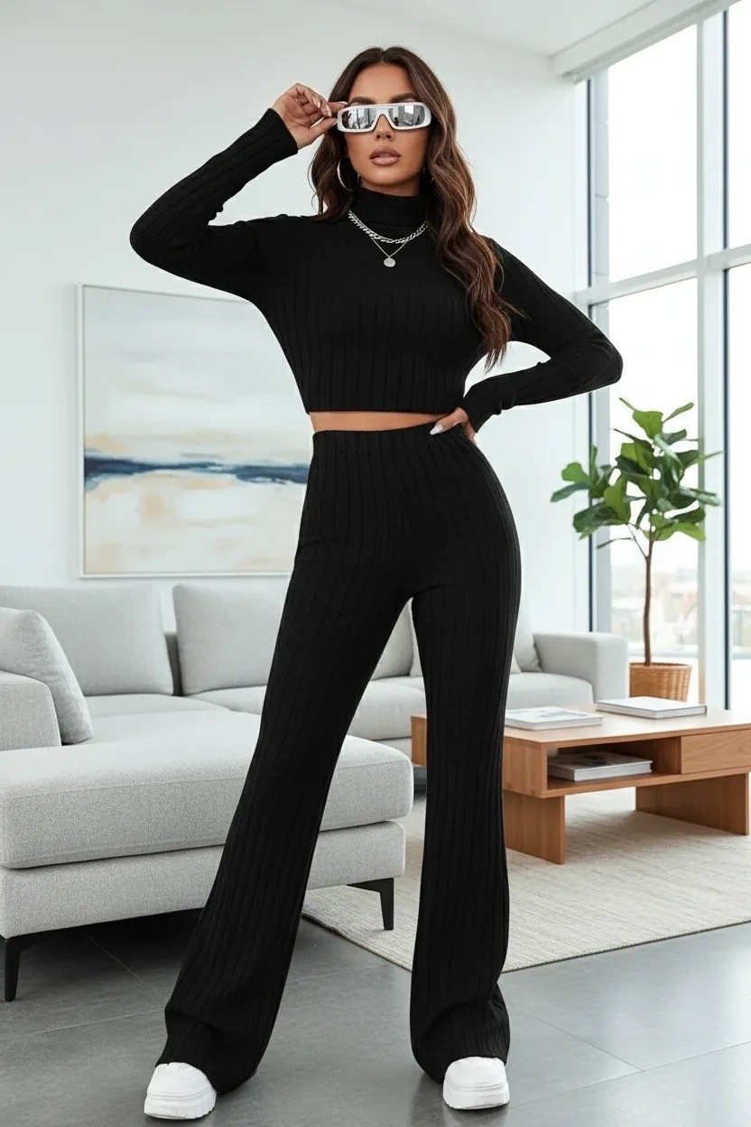 Nemere Kadın Ekru Fitilli Crop Uzun Kollu Üst Paça Pantolon Eşofman Takımı Şık 2’li Set