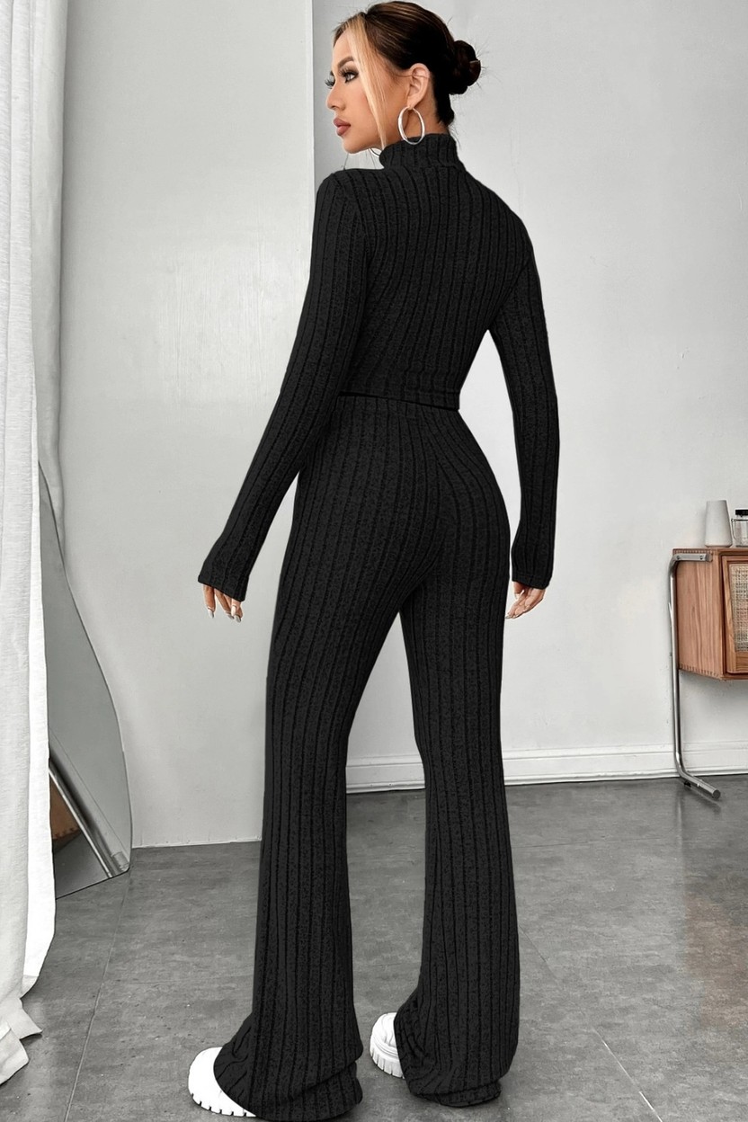 Nemere Kadın Ekru Fitilli Crop Uzun Kollu Üst Paça Pantolon Eşofman Takımı Şık 2’li Set görsel 6