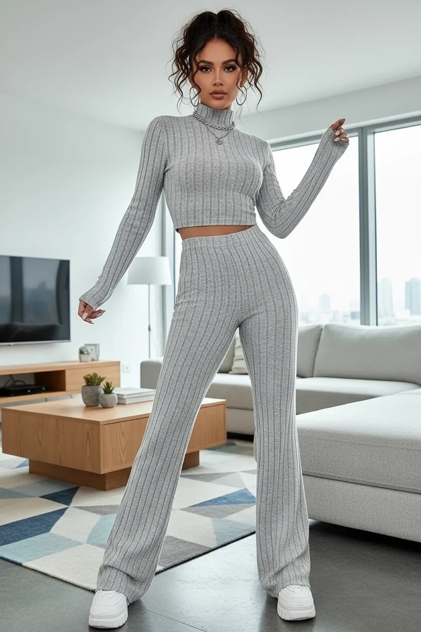 Nemere Kadın Ekru Fitilli Crop Uzun Kollu Üst Paça Pantolon Eşofman Takımı Şık 2’li Set
