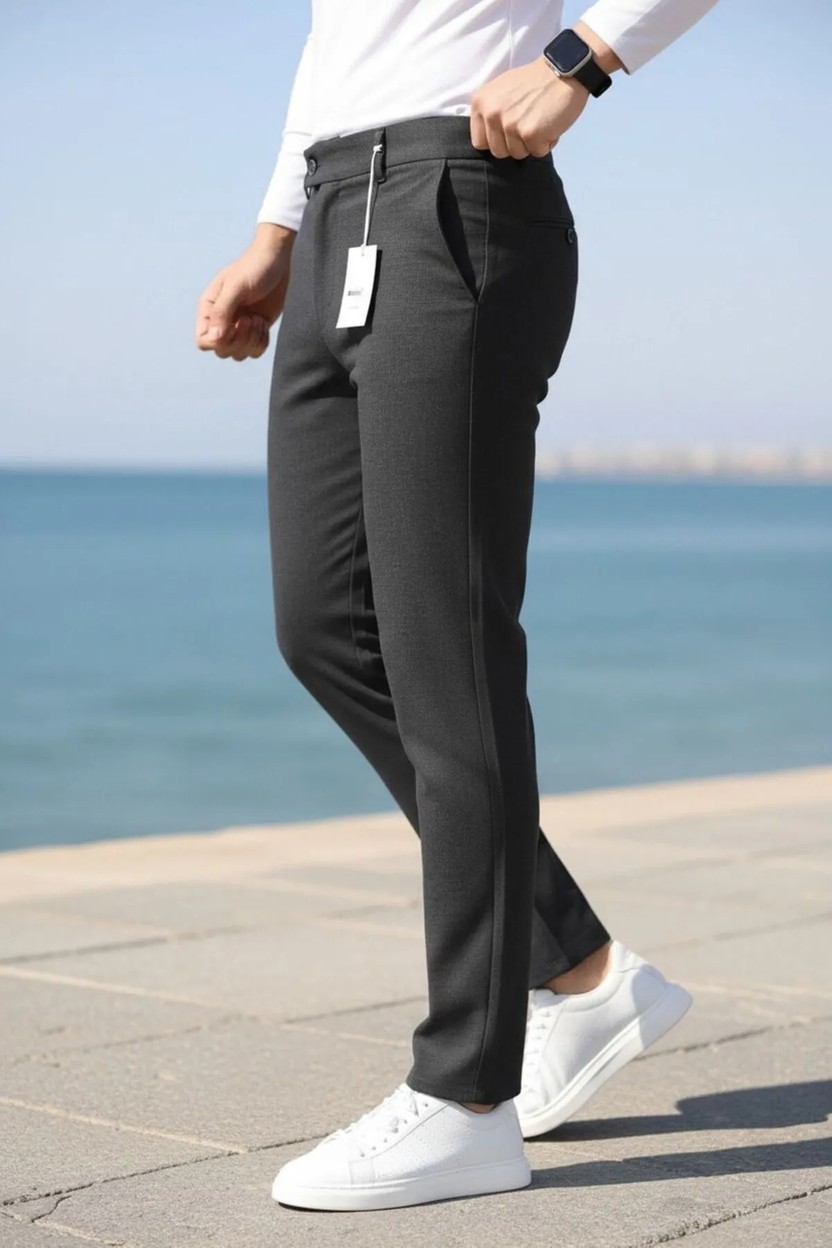 Modamesto Erkek Bej Slim Fit Likralı Yan Cep Bilek Boy Düz Kumaş Pantolon görsel 4