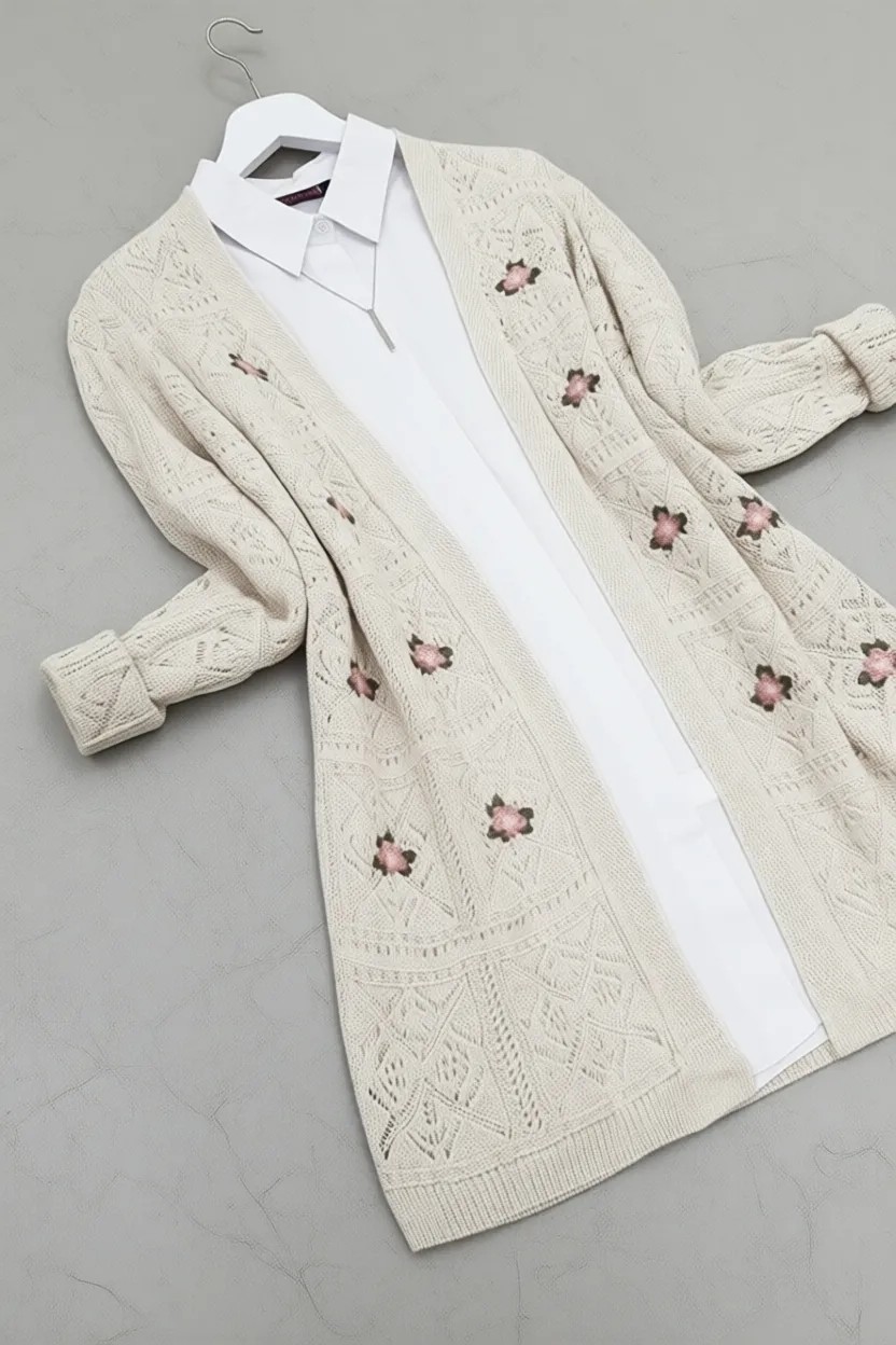 Moda Morfo Ajurlu Nakışlı Hırka -Taş görsel 6