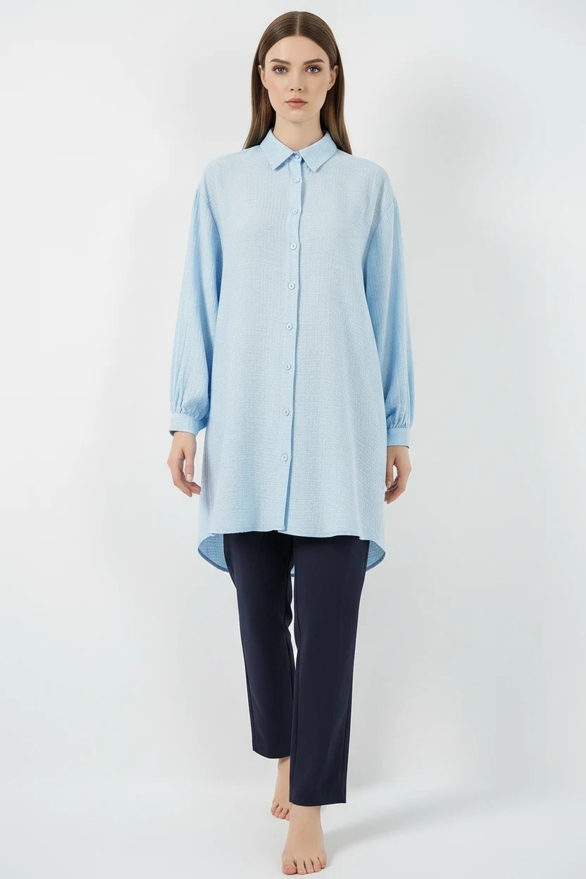 Efnaz Style Kadın Gömlek Yaka Dokulu Oversize Viskon Mavi Tunik görsel 3