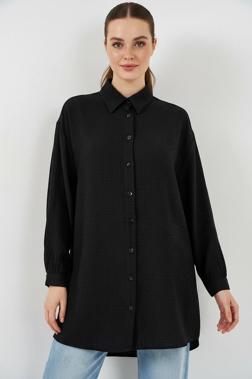 Efnaz Style Kadın Gömlek Yaka Dokulu Oversize Viskon Mavi Tunik görsel 7