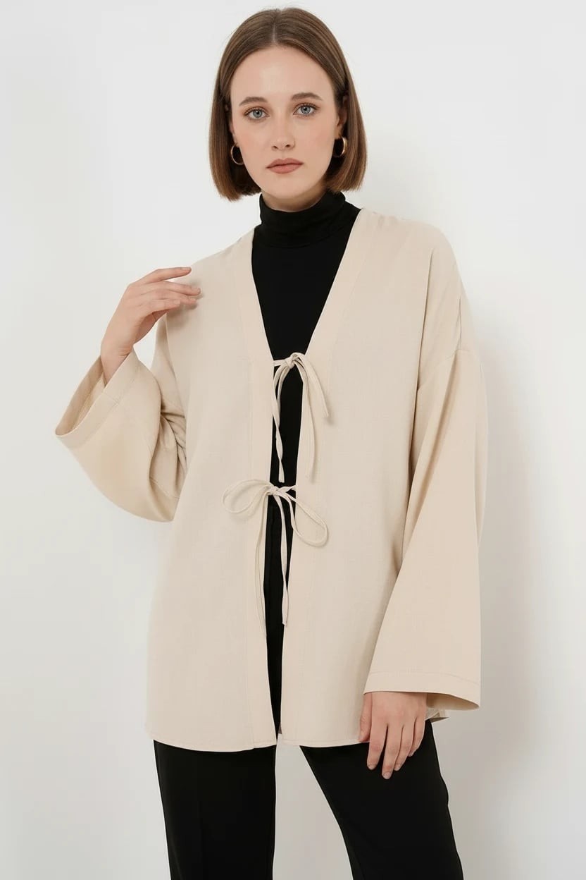 Efnaz Style Kadın Yaka Bağcıklı Viskon Pudra Tesettür Kimono görsel 2