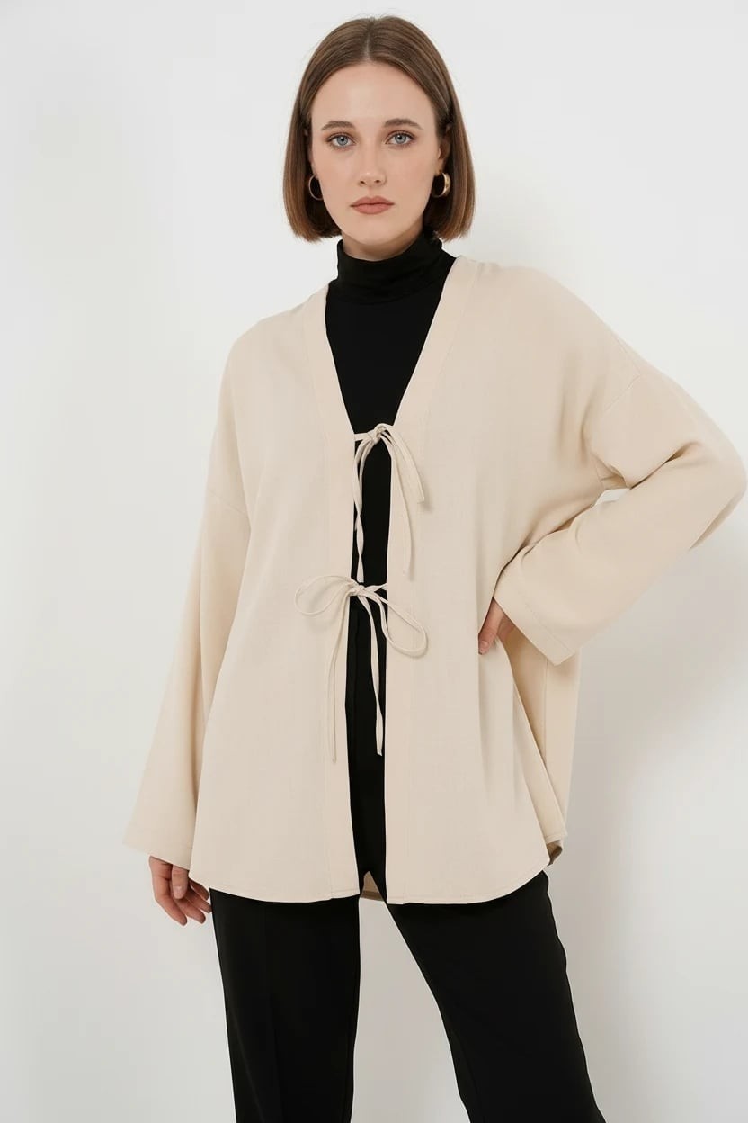 Efnaz Style Kadın Yaka Bağcıklı Viskon Pudra Tesettür Kimono görsel 3