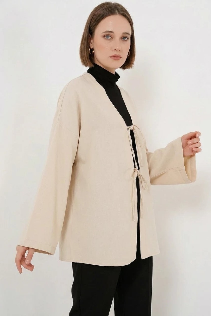 Efnaz Style Kadın Yaka Bağcıklı Viskon Pudra Tesettür Kimono görsel 4