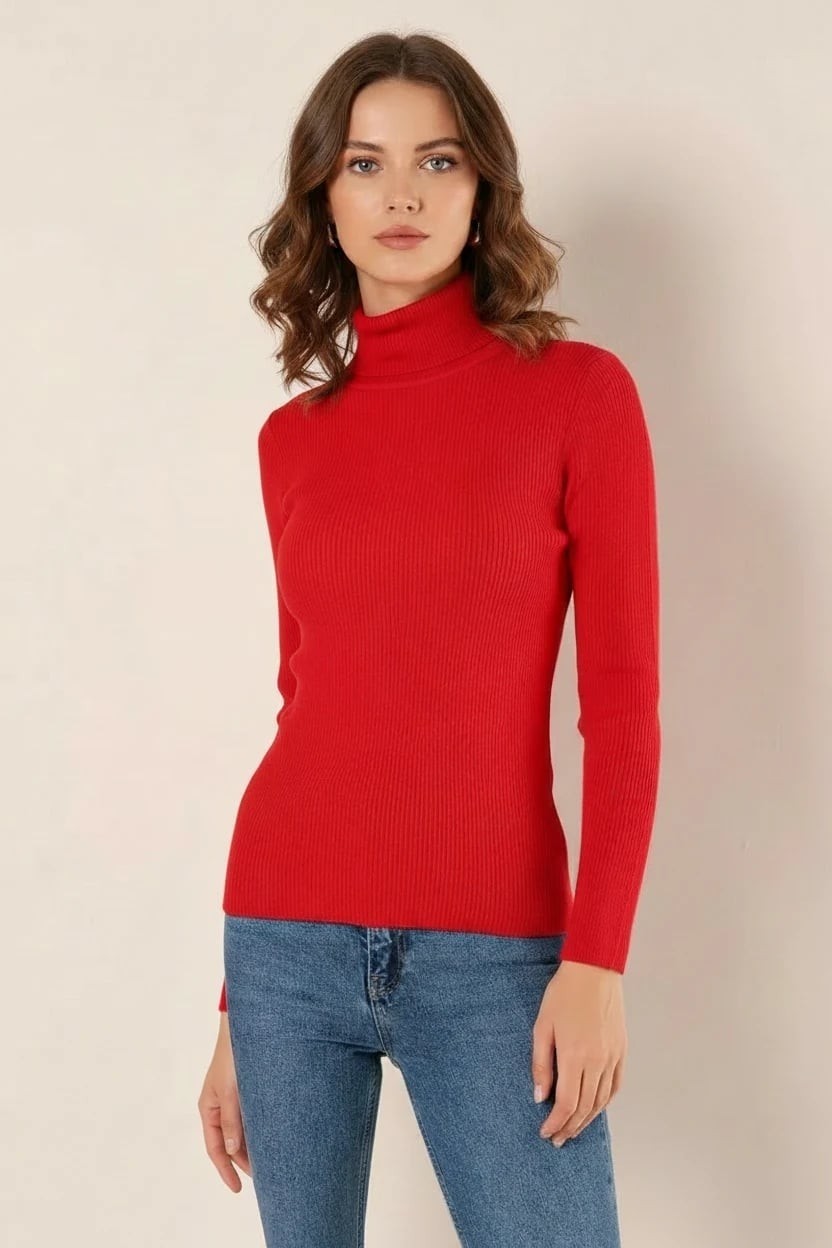 Efnaz Style Kadın Balıkçı Yaka Fit Kesim Triko Kırmızı Kazak görsel 4