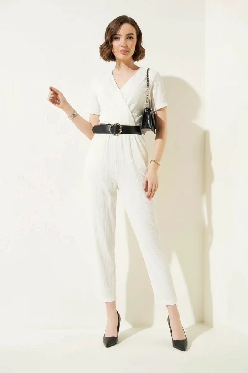 Efnaz Style Kadın V Yaka Kuşaklı Kemerli Beyaz Tulum