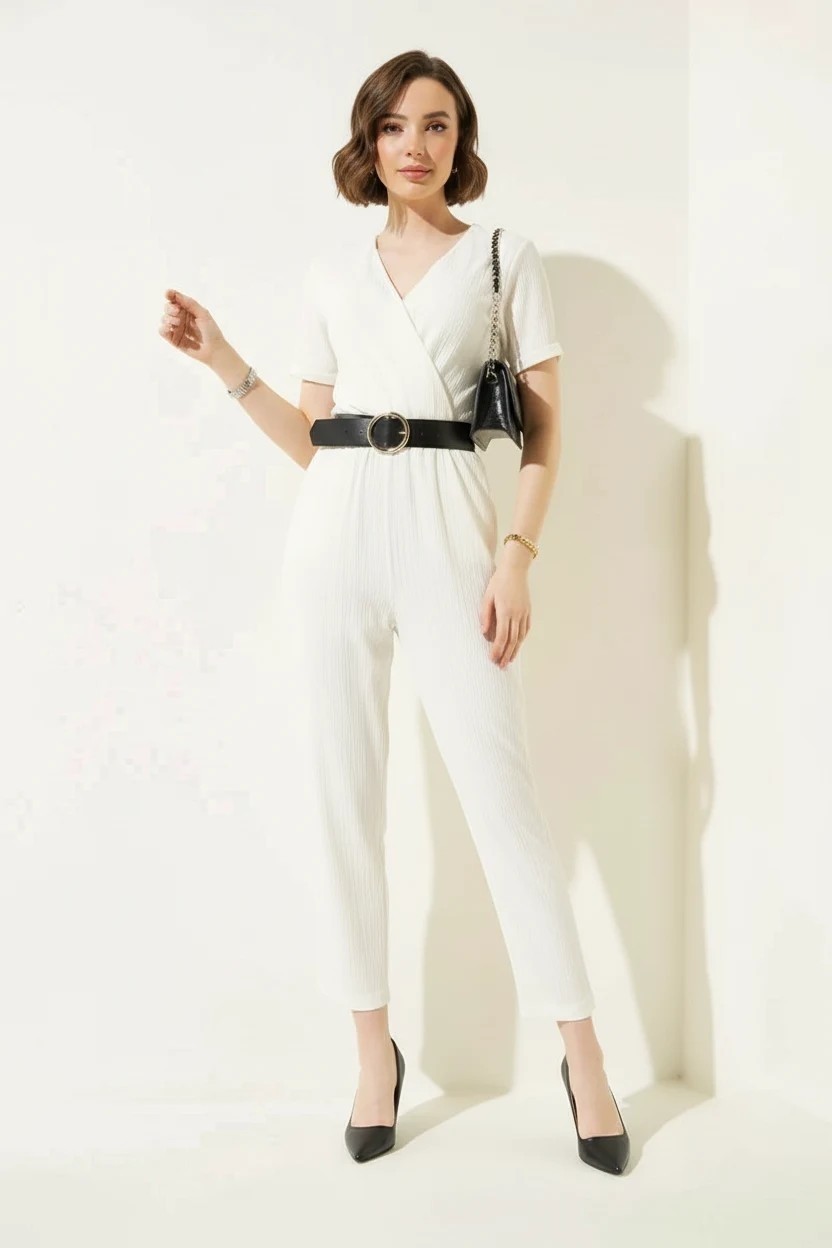Efnaz Style Kadın V Yaka Kuşaklı Kemerli Beyaz Tulum görsel 3