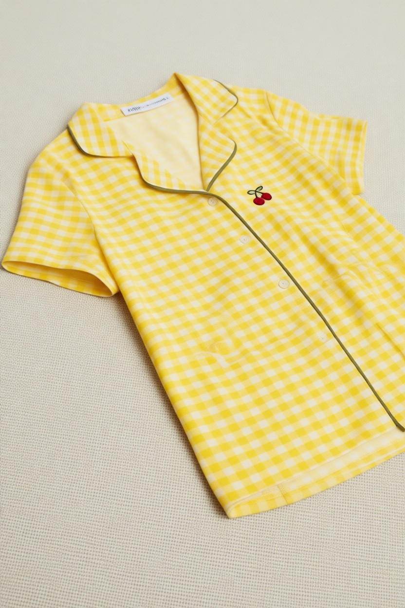 Siyah İnci Sarı Ekose Kareli Nakışlı Düğmeli Biyeli Ince Soft Örme Şortlu Pijama Takımı 8022 görsel 4