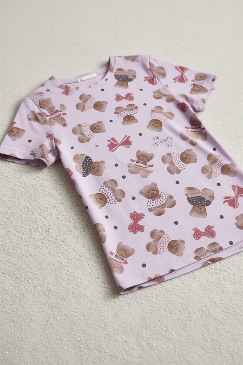 Siyah İnci Lila Ayıcık Desenli Mevsimlik Ince Örme Pijama Takım 8017 görsel 5