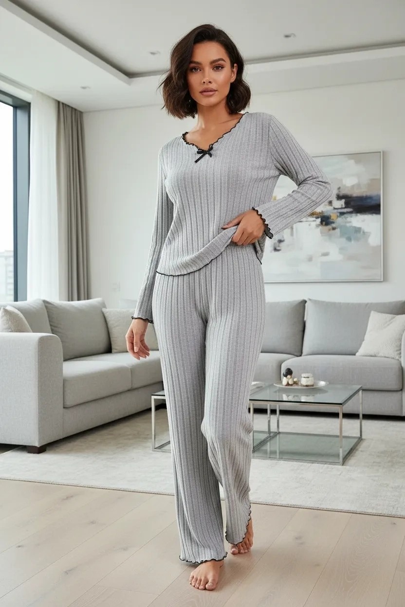 Nemere Kadın Siyah Fiyonk Detaylı Uzun Kollu Yuvarlak Yaka Mevsimlik Pijama Takımı Premium Ev Giyim