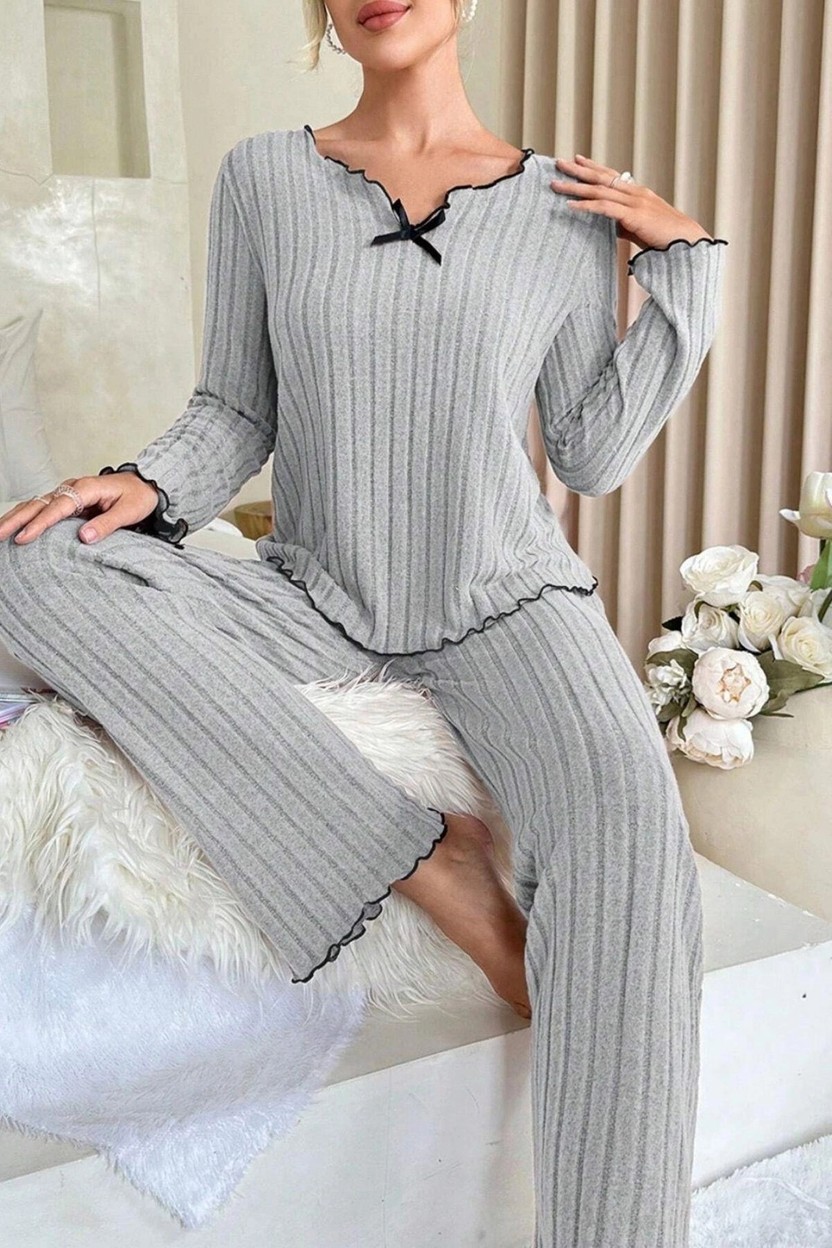Nemere Kadın Siyah Fiyonk Detaylı Uzun Kollu Yuvarlak Yaka Mevsimlik Pijama Takımı Premium Ev Giyim görsel 3