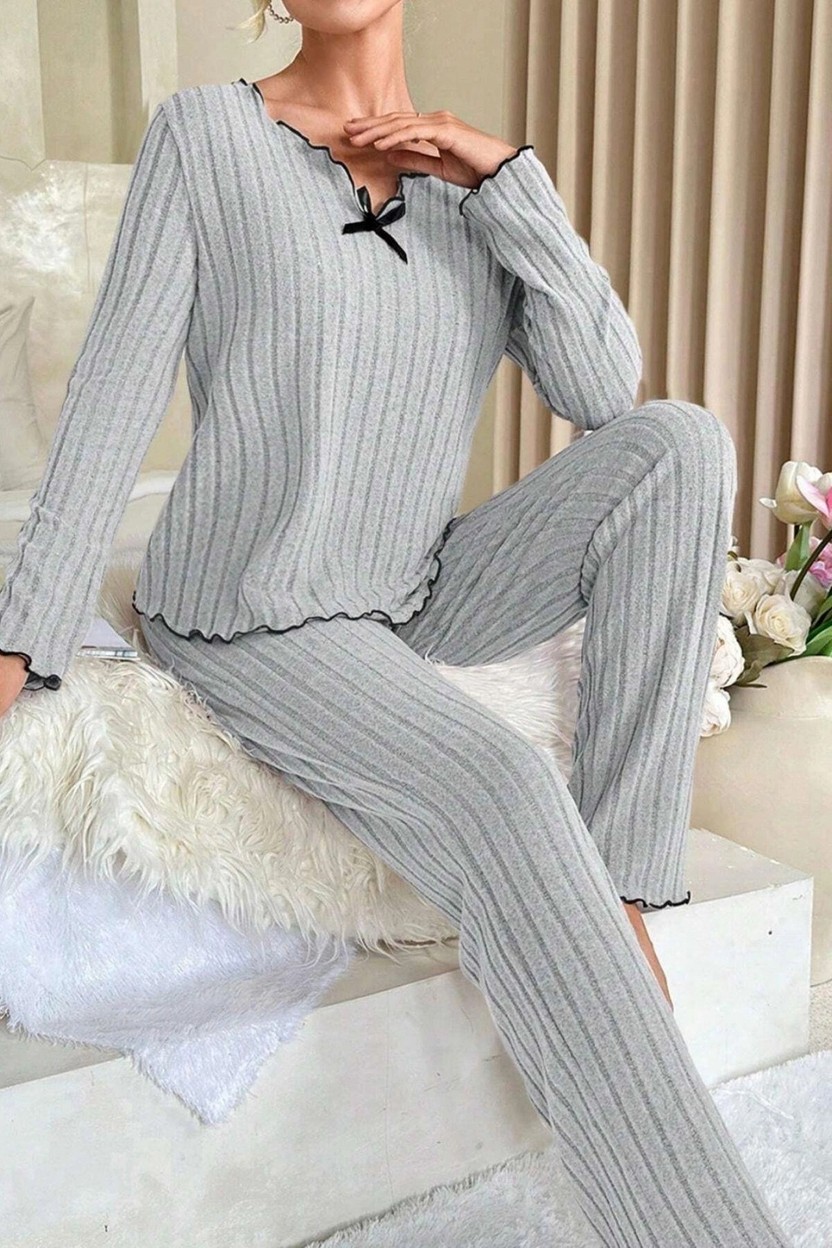 Nemere Kadın Siyah Fiyonk Detaylı Uzun Kollu Yuvarlak Yaka Mevsimlik Pijama Takımı Premium Ev Giyim görsel 4