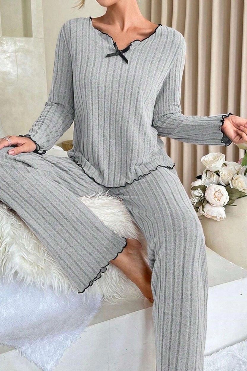 Nemere Kadın Siyah Fiyonk Detaylı Uzun Kollu Yuvarlak Yaka Mevsimlik Pijama Takımı Premium Ev Giyim görsel 5