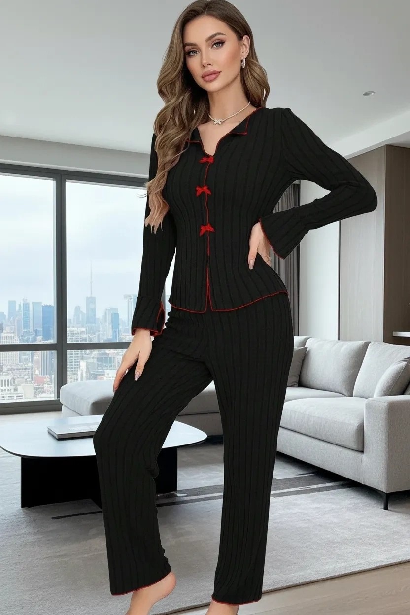 Nemere Kadın Siyah Kırmızı Biyeli Fiyonk Detaylı Uzun Kollu Mevsimlik Pijama Takımı Premium Ev Giyim