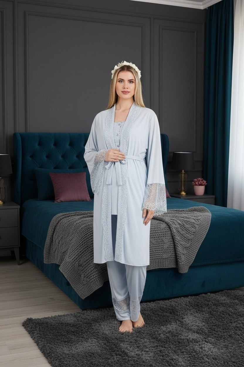 raia Yeni Sezon Pudra Düğmeli Dantelli Yazlık Kısa Kol Tasarım Hamile Lohusa Sabahlık Pijama Takımı Seti görsel 5